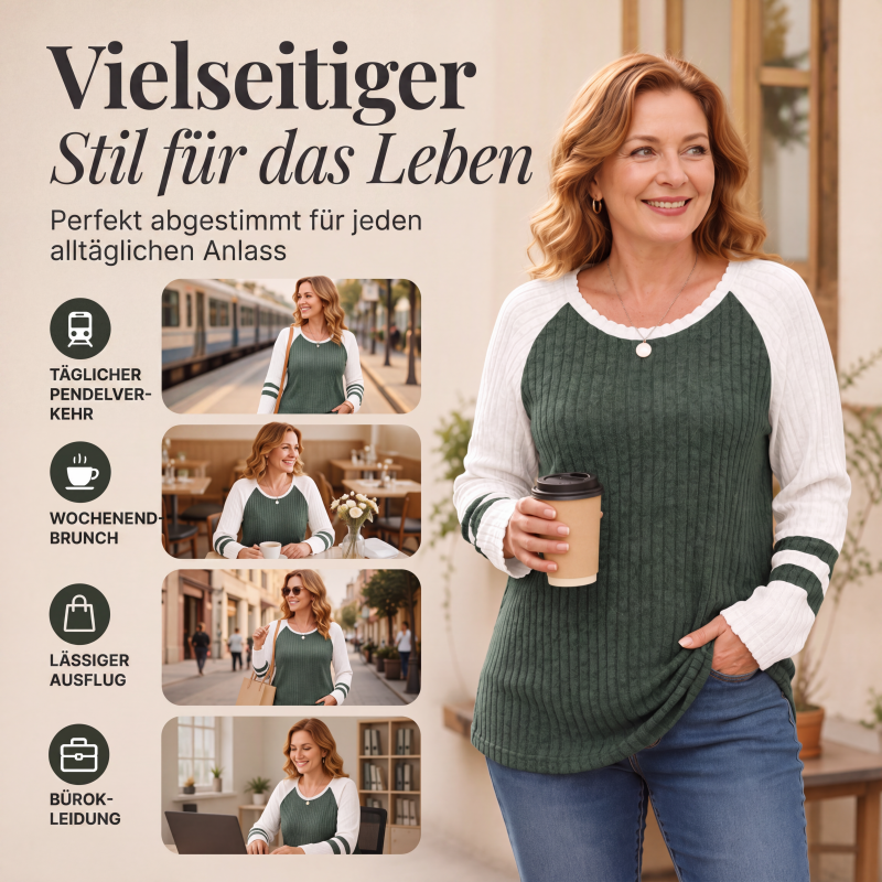 🧶✨ Damen Rippstrick-Top mit Langarm – Color-Block, Bequem & Stilvoll 🎨