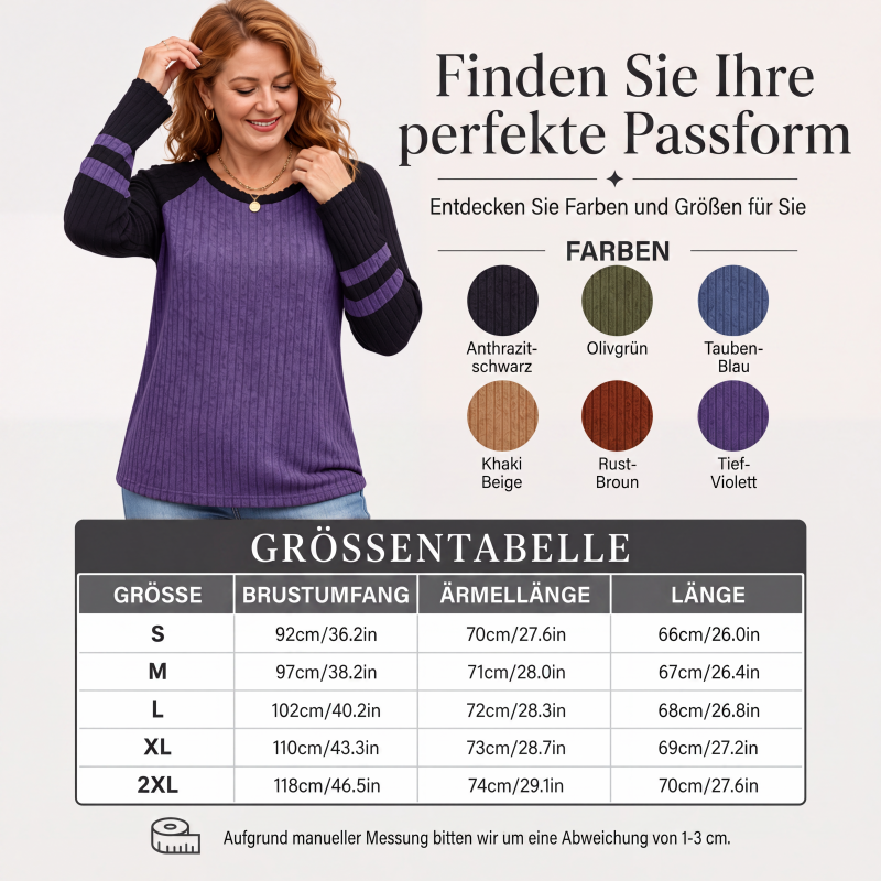 🧶✨ Damen Rippstrick-Top mit Langarm – Color-Block, Bequem & Stilvoll 🎨