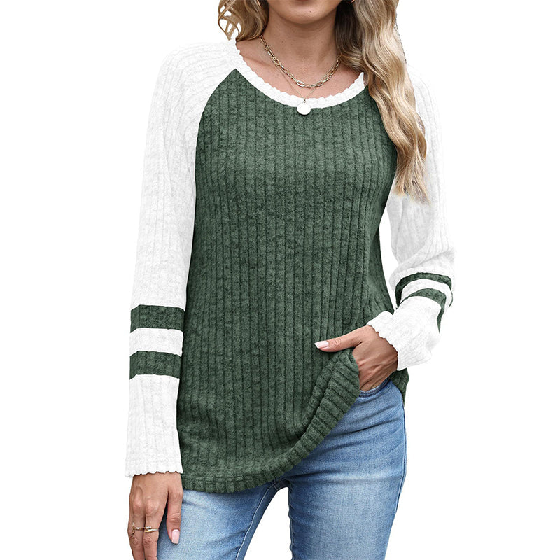🧶✨ Damen Rippstrick-Top mit Langarm – Color-Block, Bequem & Stilvoll 🎨