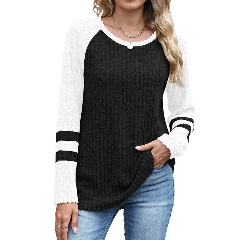 🧶✨ Damen Rippstrick-Top mit Langarm – Color-Block, Bequem & Stilvoll 🎨