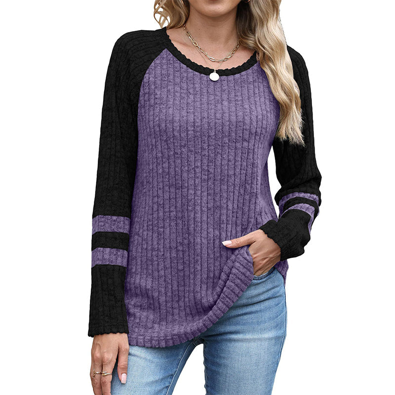 🧶✨ Damen Rippstrick-Top mit Langarm – Color-Block, Bequem & Stilvoll 🎨