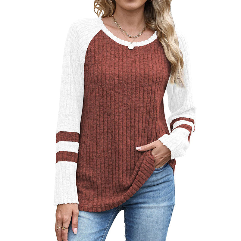 🧶✨ Damen Rippstrick-Top mit Langarm – Color-Block, Bequem & Stilvoll 🎨
