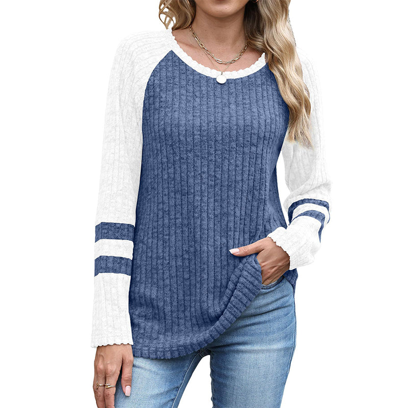 🧶✨ Damen Rippstrick-Top mit Langarm – Color-Block, Bequem & Stilvoll 🎨